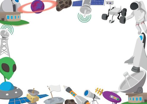 Space exploration frame featuring astronaut, alien, and rocket vector