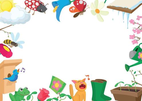 Spring gardening frame with ladybug, butterfly, cat, bird and frog singing vector