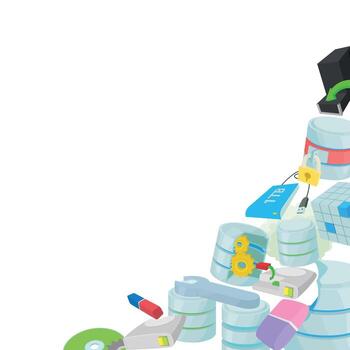 Database maintenance and data storage management involving various devices and tools vector