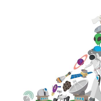 astronauta explorador espacio con cohete, satélite, y extraterrestre astronave vector