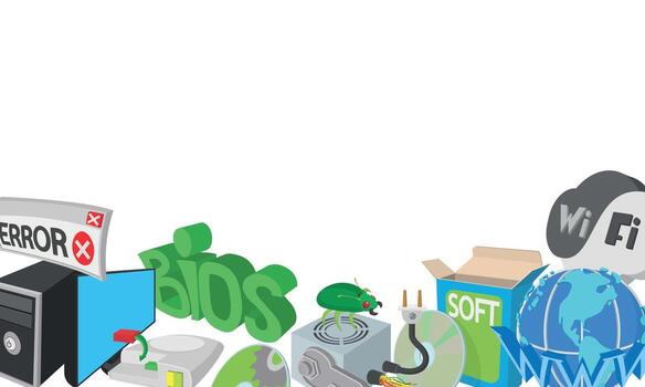 computadora reparar íconos representando software, hardware, Internet, error y virus vector