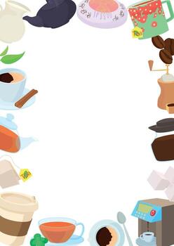 Coffee, tea and cakes frame creating white background for text vector