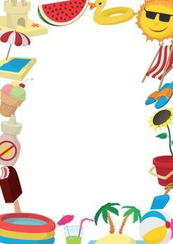 Summer vacation frame border featuring beach and pool icons surrounding white copyspace vector