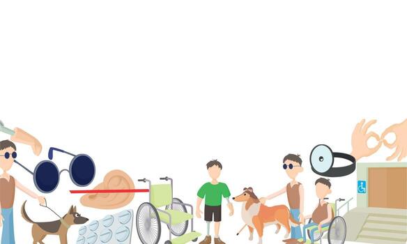 People using assistive devices showing disability and inclusivity vector