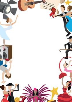 Performing arts frame featuring diverse artists and artistic elements vector