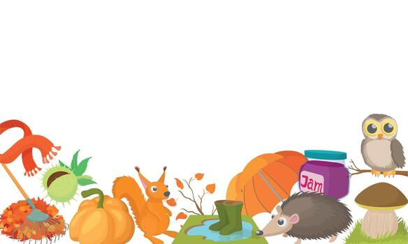Autumn frame with squirrel, hedgehog, owl and seasonal objects celebrating fall vector