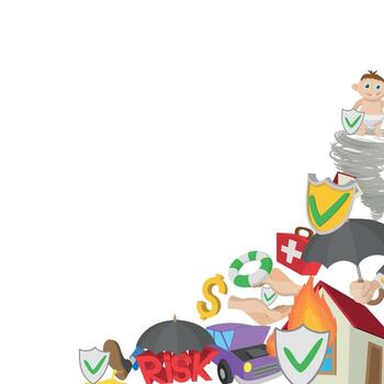 Insurance coverage protecting various risks with checkmark shields and umbrellas vector