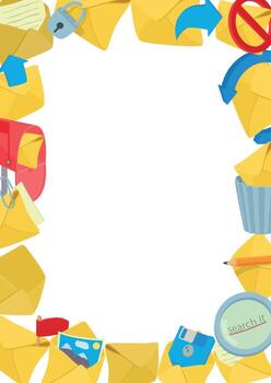 Envelopes frame containing mailbox, magnifying glass, pencil, floppy disk, and letters creating vertical border vector