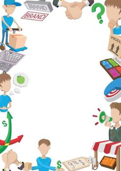 Cartoon icons representing various aspects of marketing and retail create a frame composition on a white background vector
