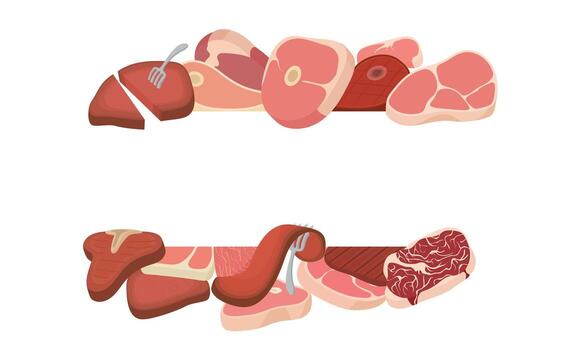 Fresh and cooked meat cuts with fork displaying culinary variety vector