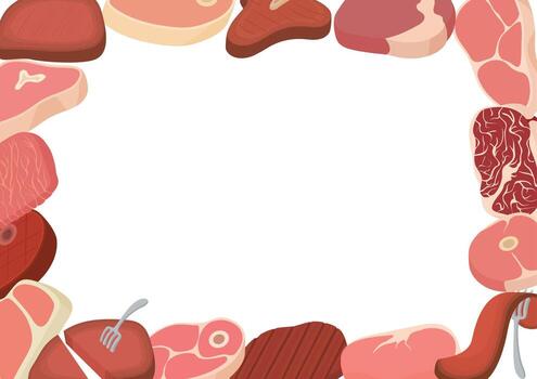Fresh meat cuts forming a border with white background vector