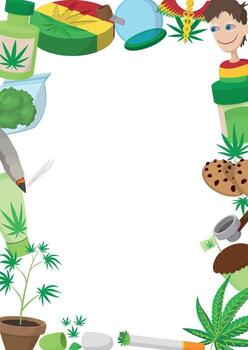 Cannabis frame border featuring various marijuana products and happy user vector