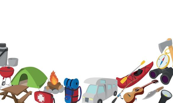 Camping equipment forming a border with copy space for summer adventure vector