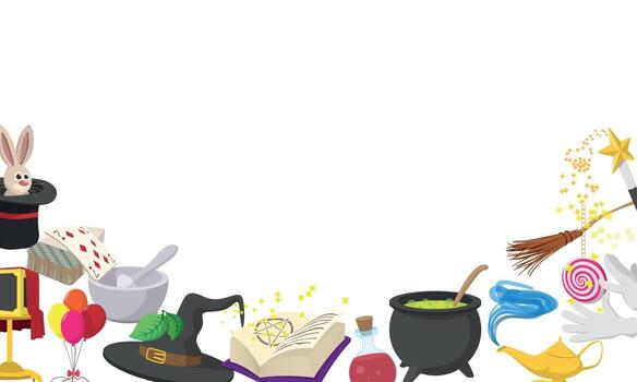 Magic show accessories bordering white background with copy space vector