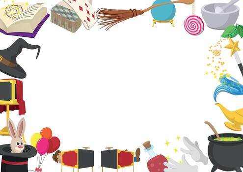 Magic show frame with witchcraft and wizardry tools surrounding empty space vector