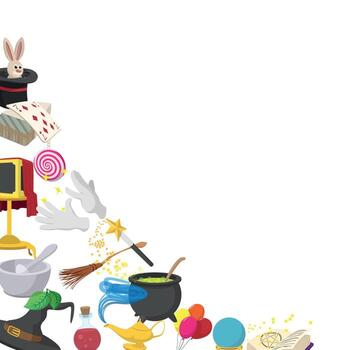 Magic show accessories creating enchanting corner border on white background vector