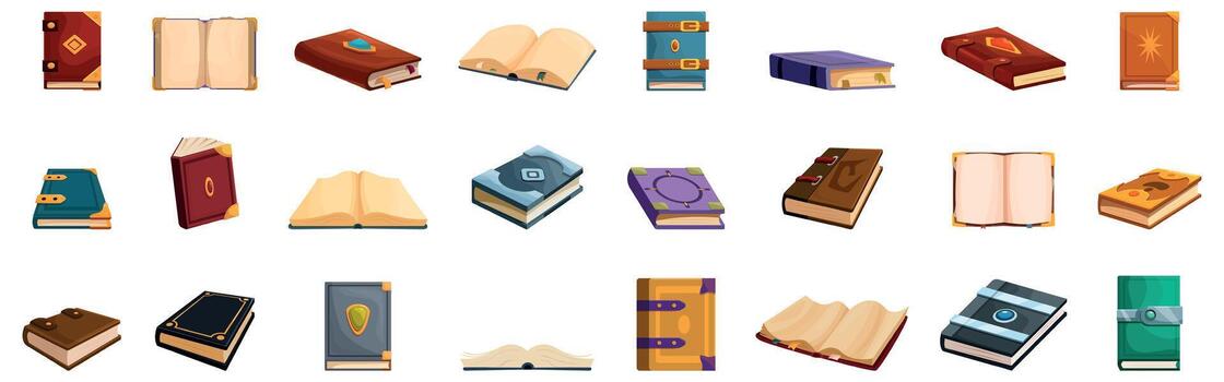 Ancient book icons set. Collection of medieval fantasy books displaying enchanting designs vector