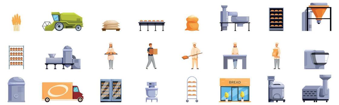 Bread factory icons set. Bread making process from wheat field to bakery shop vector