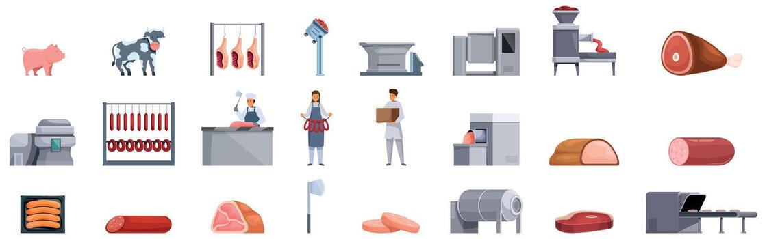 Meat processing icons set. Meat processing and production, from livestock to delicious products vector