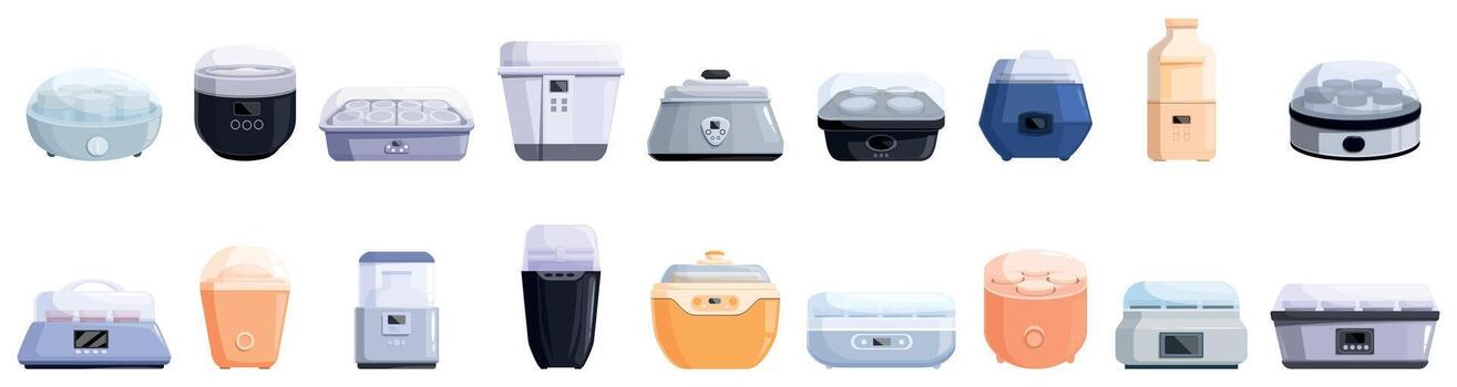 Yogurt maker icons set. Yogurt makers set creating healthy homemade snacks vector