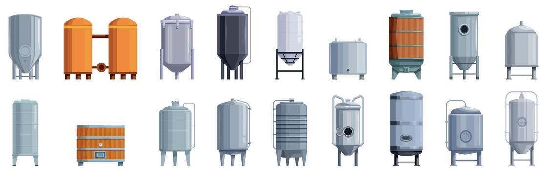 Fermentation tank icons set. Industrial tanks and containers for storing and processing liquids vector