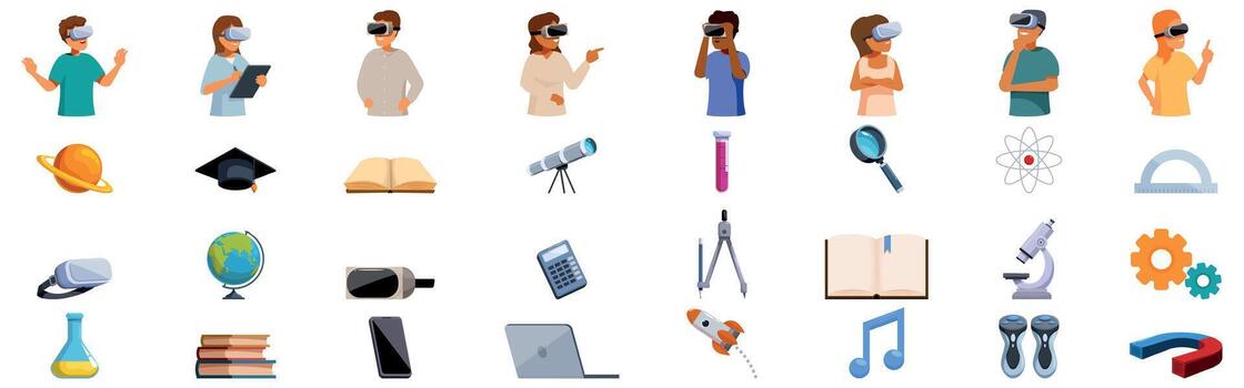 vr educación íconos colocar. estudiantes utilizando virtual realidad auriculares explorador Ciencias y educación conceptos vector