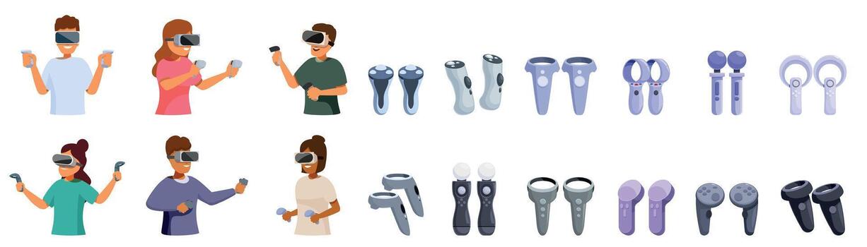 vr controlador íconos colocar. personas vistiendo virtual realidad auriculares y participación controladores jugando juegos vector