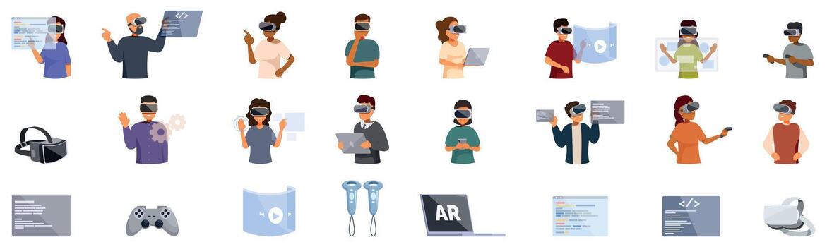 VR developer icons set. People using virtual reality headsets and controllers, exploring metaverse and working in cyberspace vector