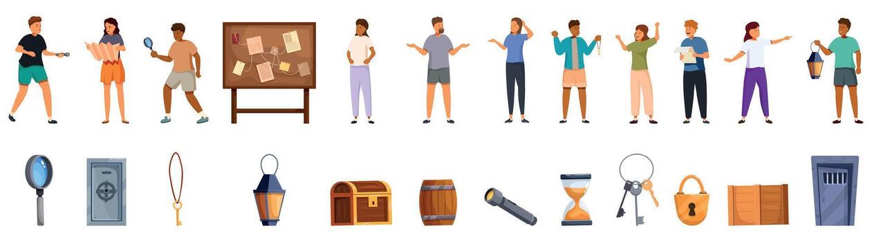 Escape room icons set. People playing quest game, solving puzzles and searching for clues vector