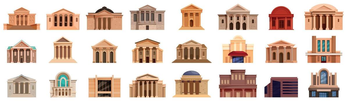 Theatre architecture icons set. Government buildings showing classical architecture and modern design vector