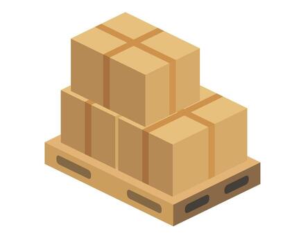 Isometric cardboard boxes stacked on a wooden pallet. Isolated objects. Logistic concept. Warehouse operations. vector
