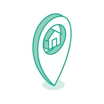 isométrica icono de un mapa ubicación puntero con un casa símbolo adentro. concepto de hogar DIRECCIÓN, entrega destino, GPS navegación, y real inmuebles ubicación. vector