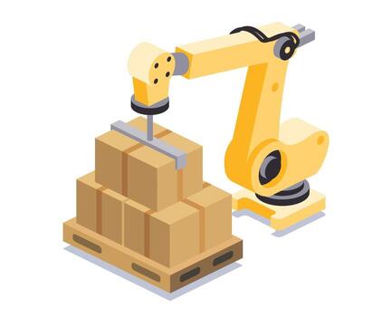 Robotic arm stacking cardboard boxes on a pallet. Concept of automation in warehouse logistics, packaging, and industrial manufacturing. Isometric illustration. vector