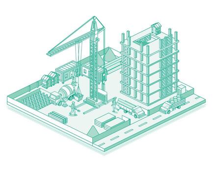 Construction site with crane and skyscraper. Process of building a multi-storey building. Illustration in outline style. Isometric view of a monolithic frame building. vector