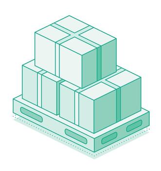 Isometric outline cardboard boxes stacked on a wooden pallet. Isolated objects. Logistic concept. Warehouse operations. vector