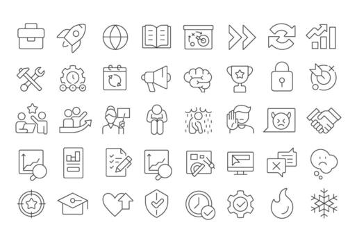 Organizational change management line icons set. Company state transition strategy. Corporate progress. Isolated outline illustrations. Thin lineart iconset symbols. Editable stroke vector