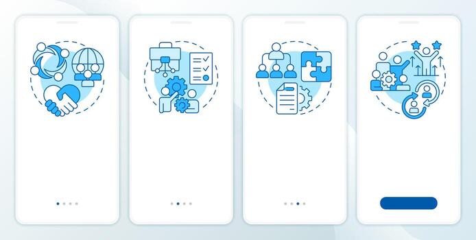 Nadler Tushman congruence framework blue onboarding mobile app screen. Walkthrough 4 steps editable graphic instructions with linear concepts. UI, UX, GUI vector