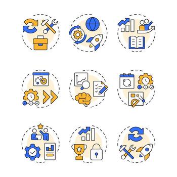 Organizational change management multi color concept icons. Corporate transformation regulation. Business development strategy. Icon pack. Round shape illustrations. Abstract idea vector