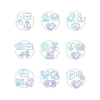 Job satisfaction blue gradient concept icons. Workflow organization. Employee motivation, productivity. Icon pack. Round shape illustrations for article, blog post. Abstract idea vector