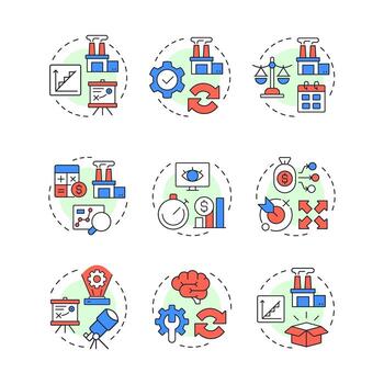 Capacity management multi color concept icons. Corporate resources organization. Improving business productivity. Icon pack. Round shape illustrations for blog post. Abstract idea vector