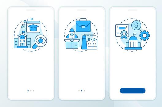 Triple helix model blue onboarding mobile app screen. Innovation plan. Walkthrough 3 steps editable graphic instructions with linear concepts. UI, UX, GUI vector