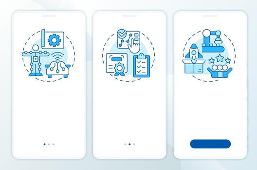 Technology readiness levels blue onboarding mobile app screen. Deployment. Walkthrough 3 steps editable graphic instructions with linear concepts. UI, UX, GUI vector