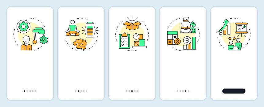 Benefits of capacity management onboarding mobile app screen. Walkthrough 5 steps editable graphic instructions with linear concepts. UI, UX, GUI vector