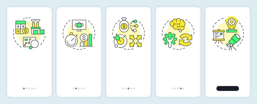 Steps in capacity management processes onboarding mobile app screen. Walkthrough 5 steps editable graphic instructions with linear concepts. UI, UX, GUI vector
