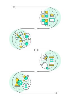 Software testing frameworks infographic vertical sequence. Task management, user experience. Visualization infochart with 4 steps. Circles workflow vector