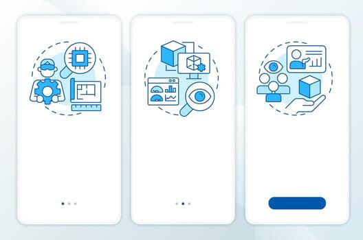 Levels of technology readiness blue onboarding mobile app screen. Walkthrough 3 steps editable graphic instructions with linear concepts. UI, UX, GUI vector