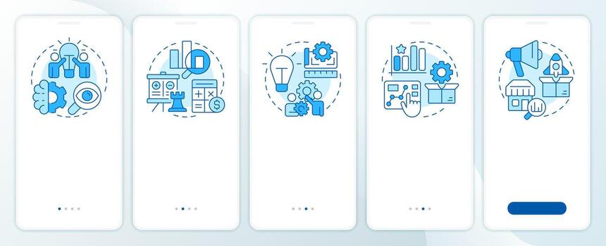 Innovation funnel blue onboarding mobile app screen. Marketing research. Walkthrough 5 steps editable graphic instructions with linear concepts. UI, UX, GUI vector