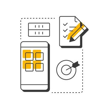 System testing modern linear concept icon. Software engineering, quality assurance. Data management. Task list. Flat outline elements connected with dotted lines. Creative visual. Easy to edit vector