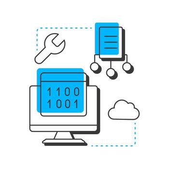 prueba ambiente preparar moderno lineal concepto icono. nube tecnología. software ingeniería. programación, codificación. plano contorno elementos conectado con punteado líneas. creativo visual. fácil a editar vector