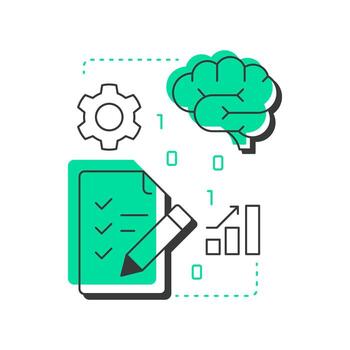 Requirements analysis modern linear concept icon. Task list, brainstorm. Statistical graph, efficiency metric. Flat outline elements connected with dotted lines. Creative visual. Easy to edit vector